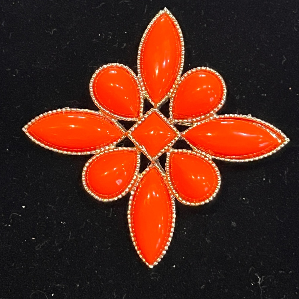 Vintage Signed EMMONS Orange Cabochon Starburst Brooch - Gold Tone